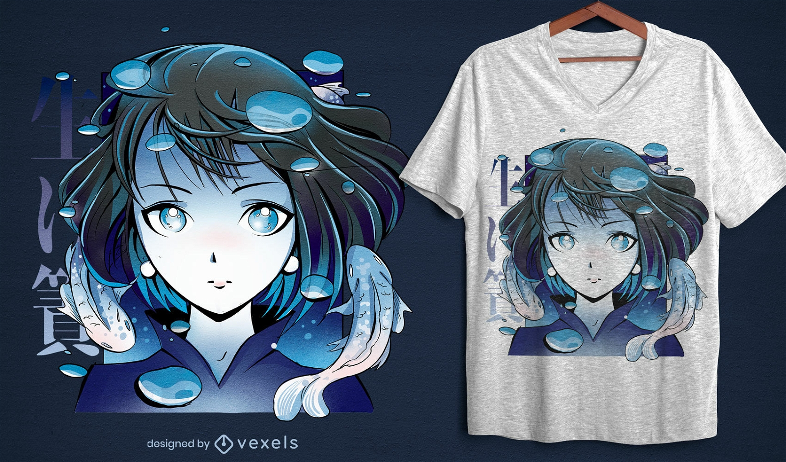 Anime girl with koi fishes t-shirt psd