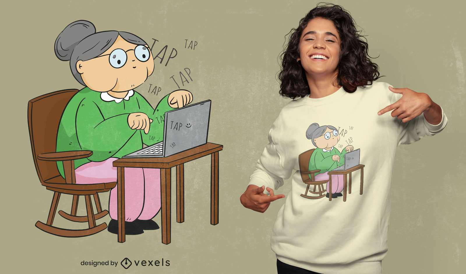 Mulher velha com design de t-shirt de computador portátil