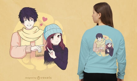 Design de camiseta de casal de anime fofo