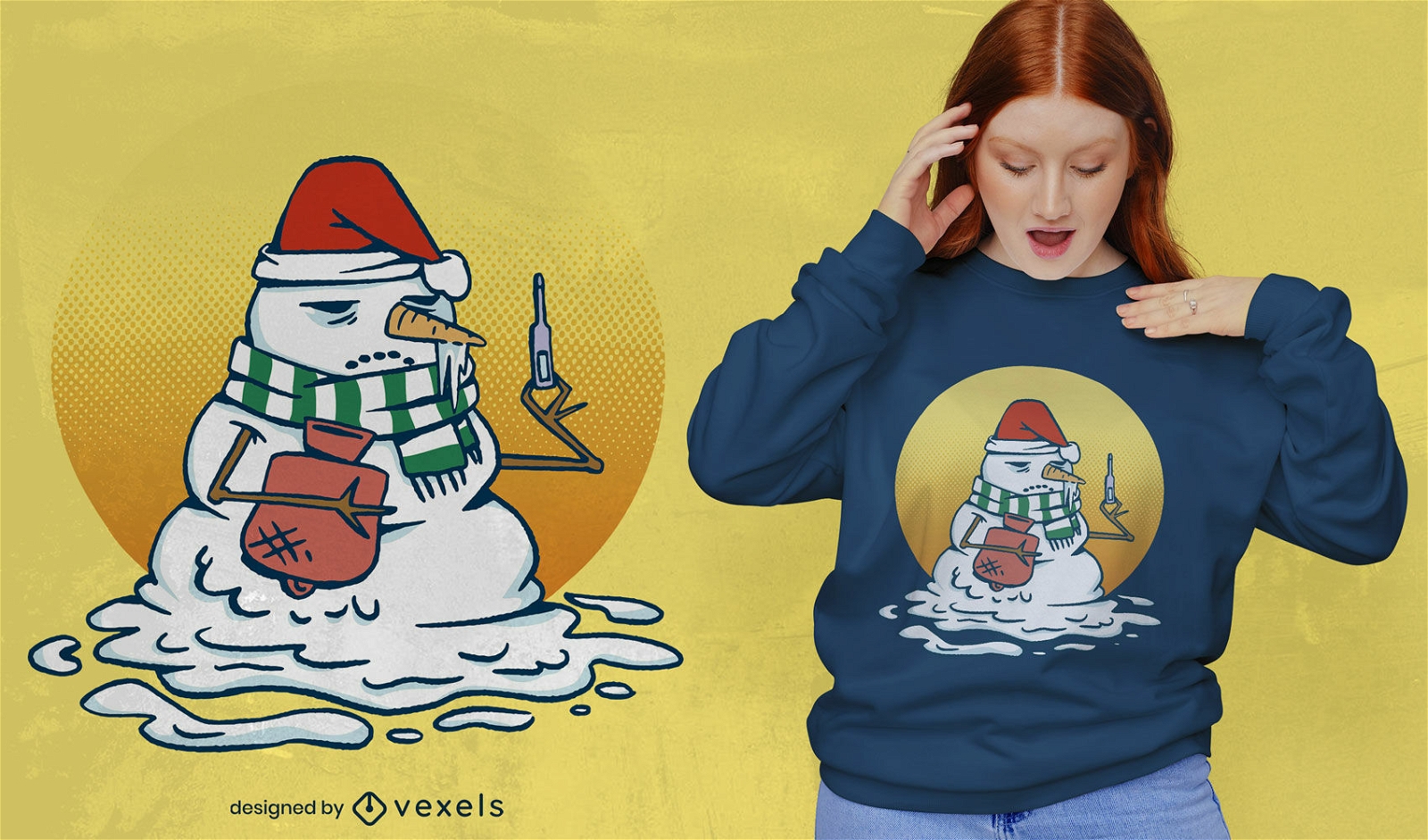 Diseño de camiseta de dibujos animados de muñeco de nieve enfermo
