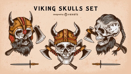 Conjunto de ilustração de caveiras vikings