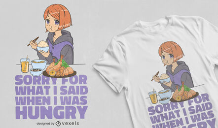 Diseño de camiseta de chica anime con cita hambrienta