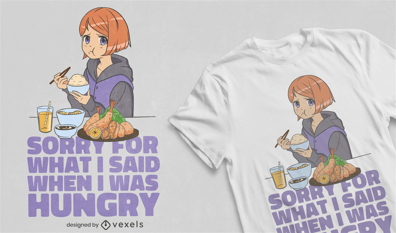Design de camiseta de garota de anime com cita??o com fome