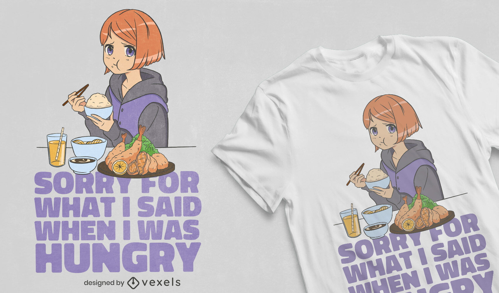 Design de camiseta de garota de anime com citação com fome