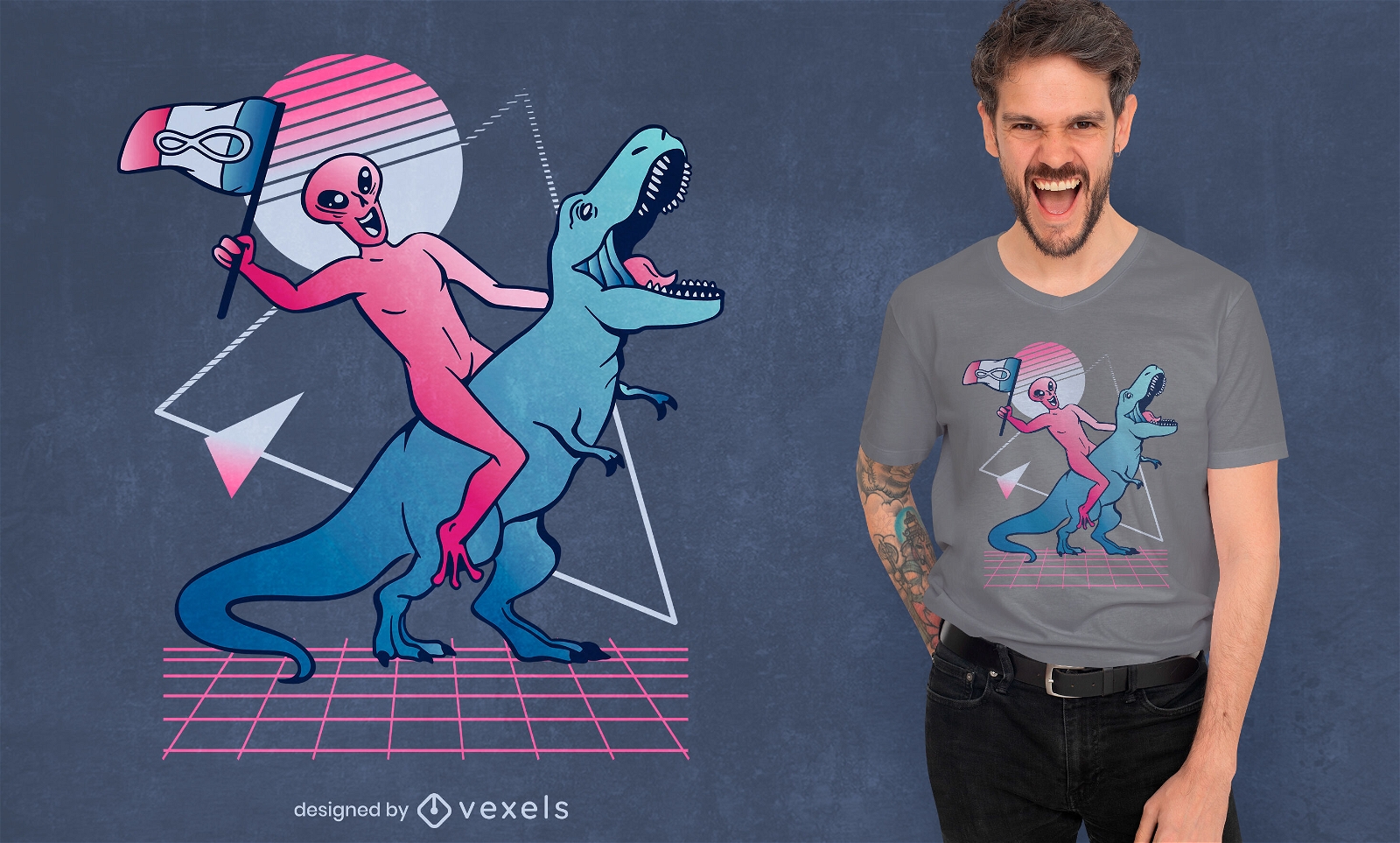 Alien on t-rex dinosaur t-shirt design