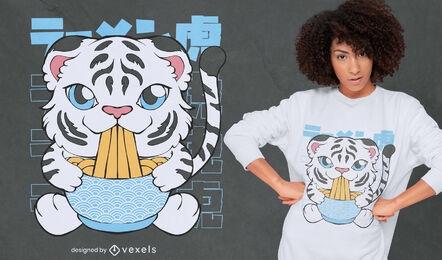 Diseño de camiseta de tigre blanco comiendo ramen