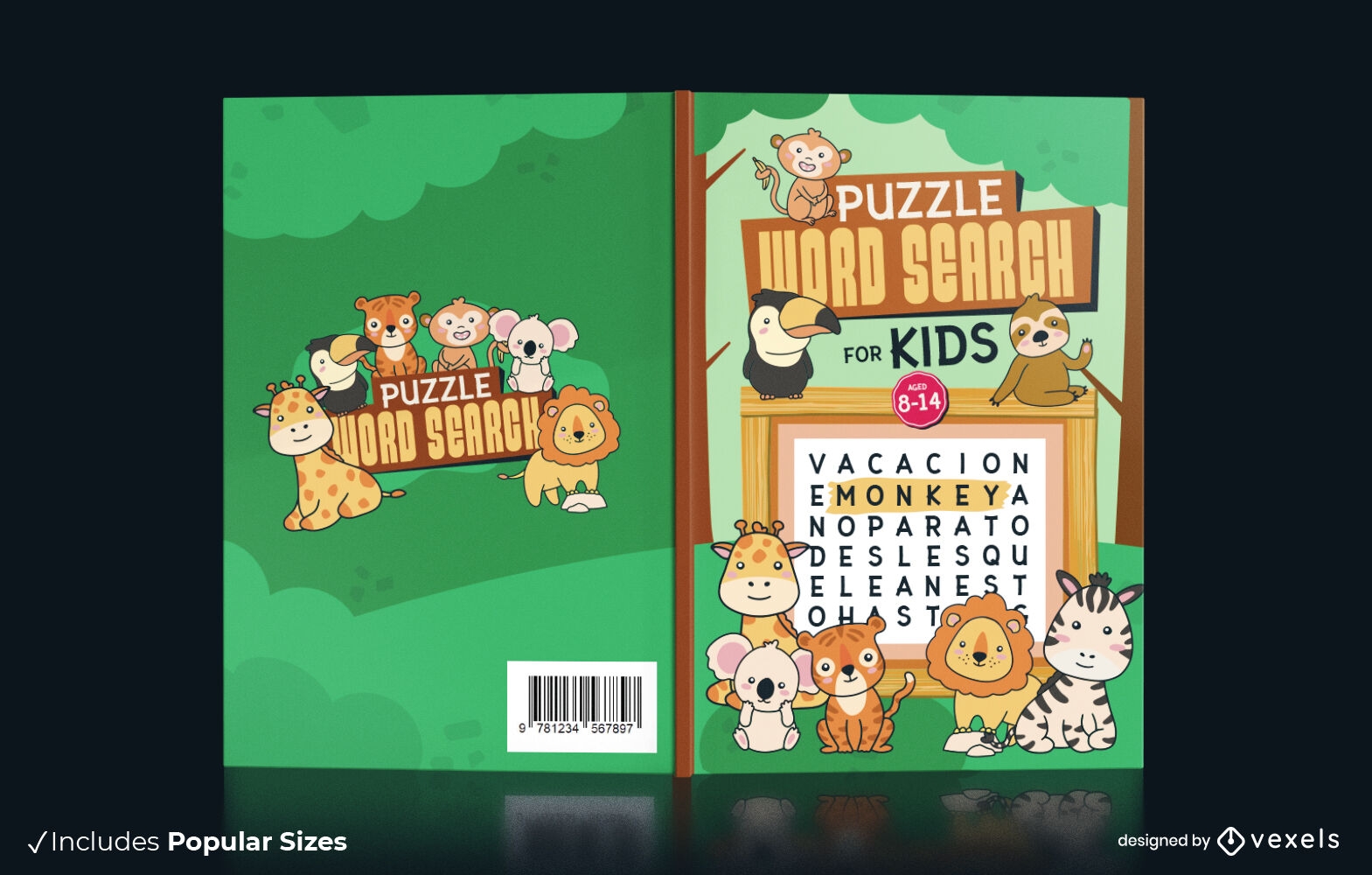 Design de capa de livro de busca de palavras de quebra-cabeça animal