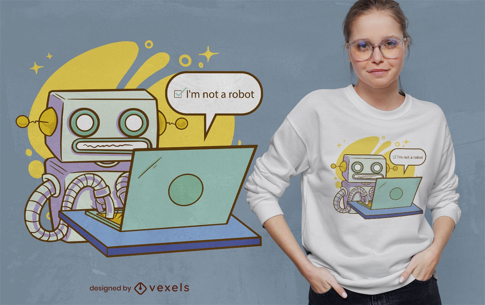 Roboter, der an Computer-T-Shirt-Design arbeitet