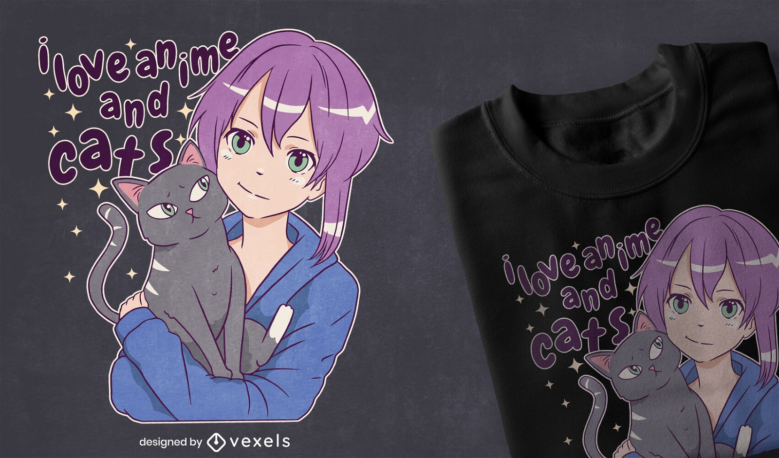 Me encanta el diseño de camiseta de anime y gatos.