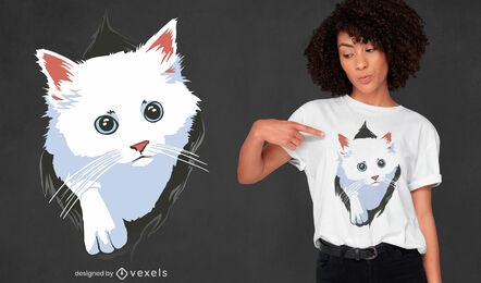 Design de camiseta de gato branco vindo de um buraco