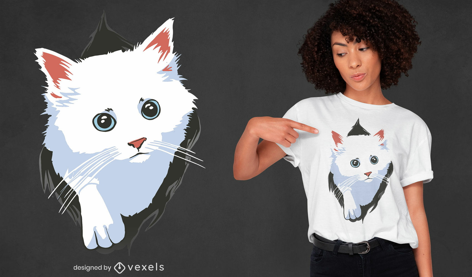 Gato blanco que viene de un diseño de camiseta de agujero