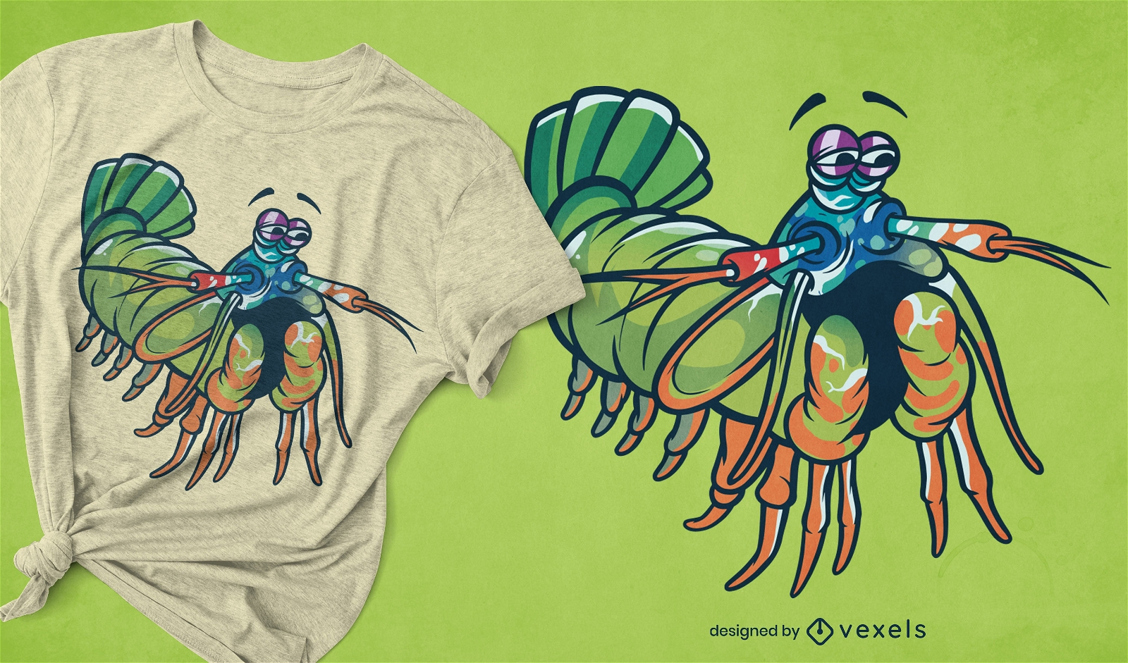 Design de camiseta de camarão louva-a-deus pavão