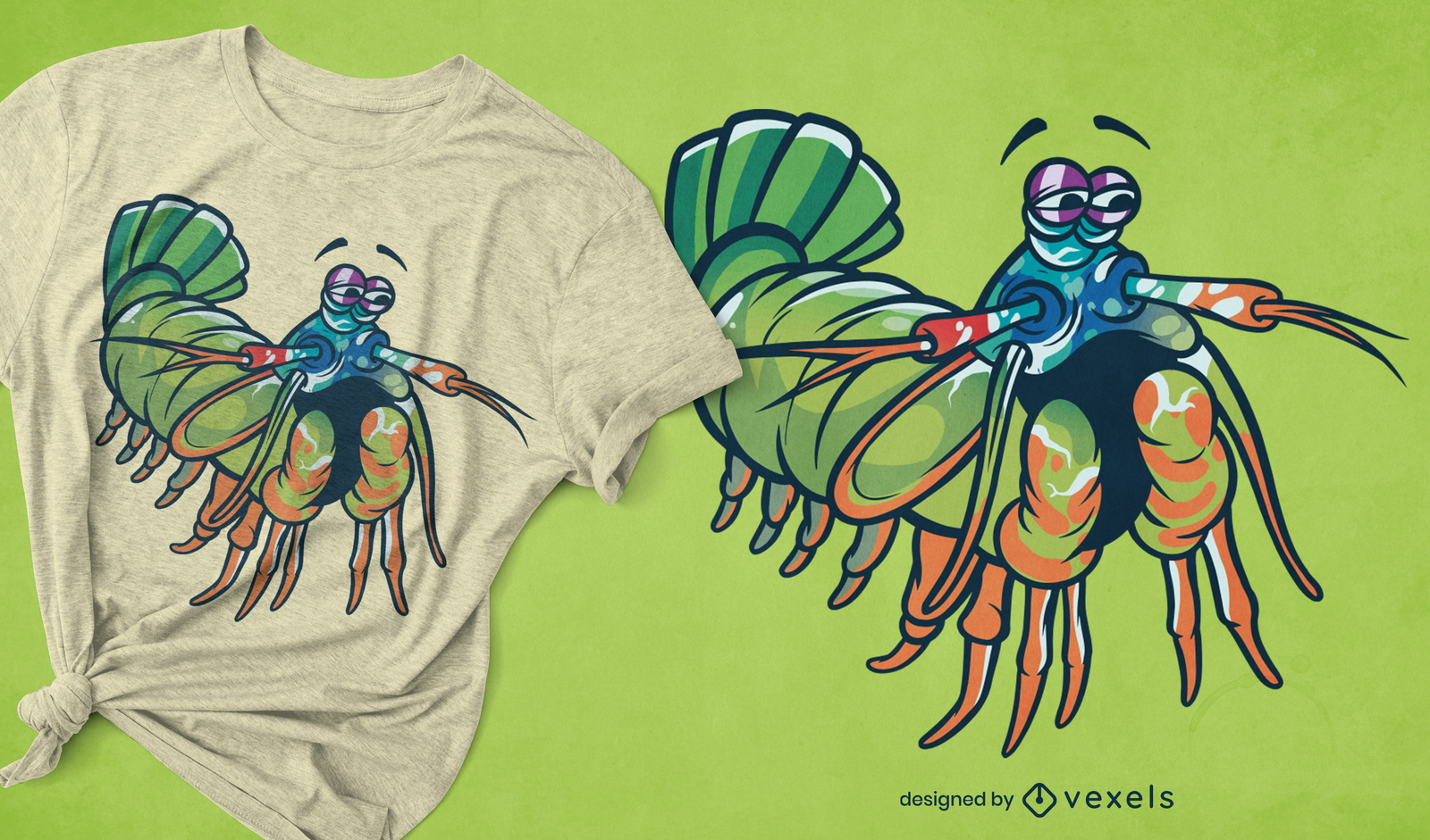 Diseño de camiseta de camarones mantis de pavo real