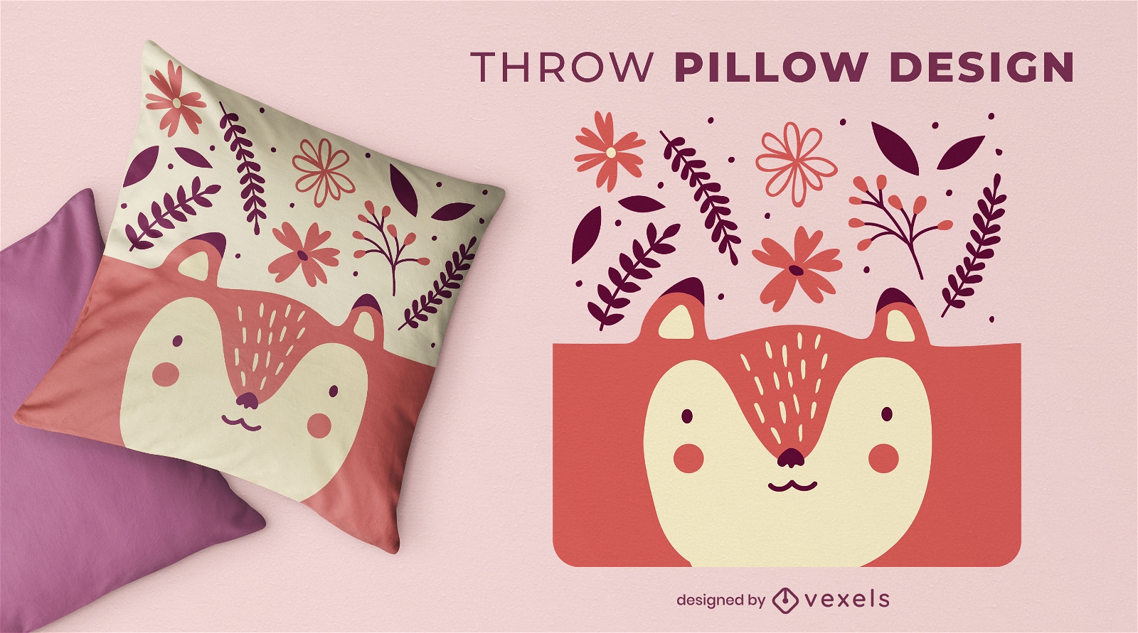 Lindo zorro con diseño de almohada de tiro de flores.