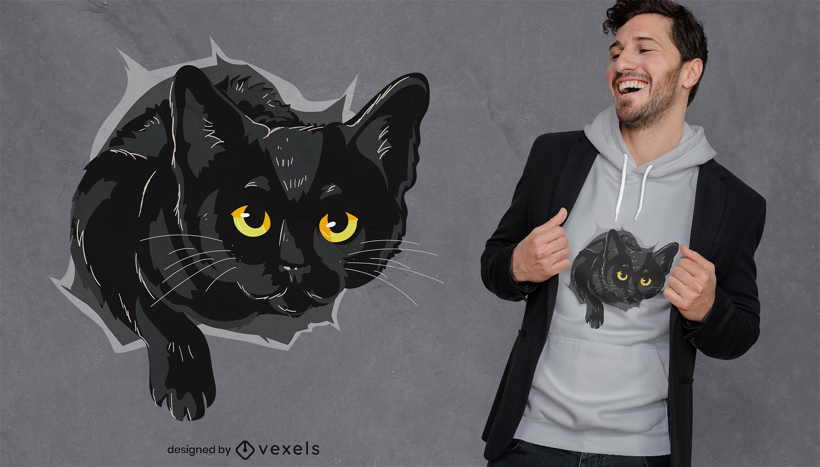 Design de camiseta de gato preto saindo do buraco
