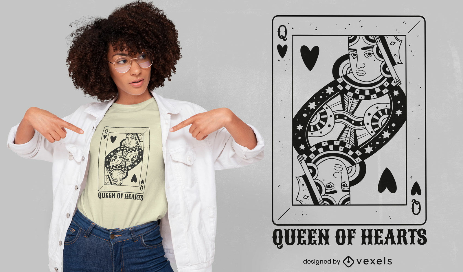 Diseño de camiseta de reina de corazones negra.