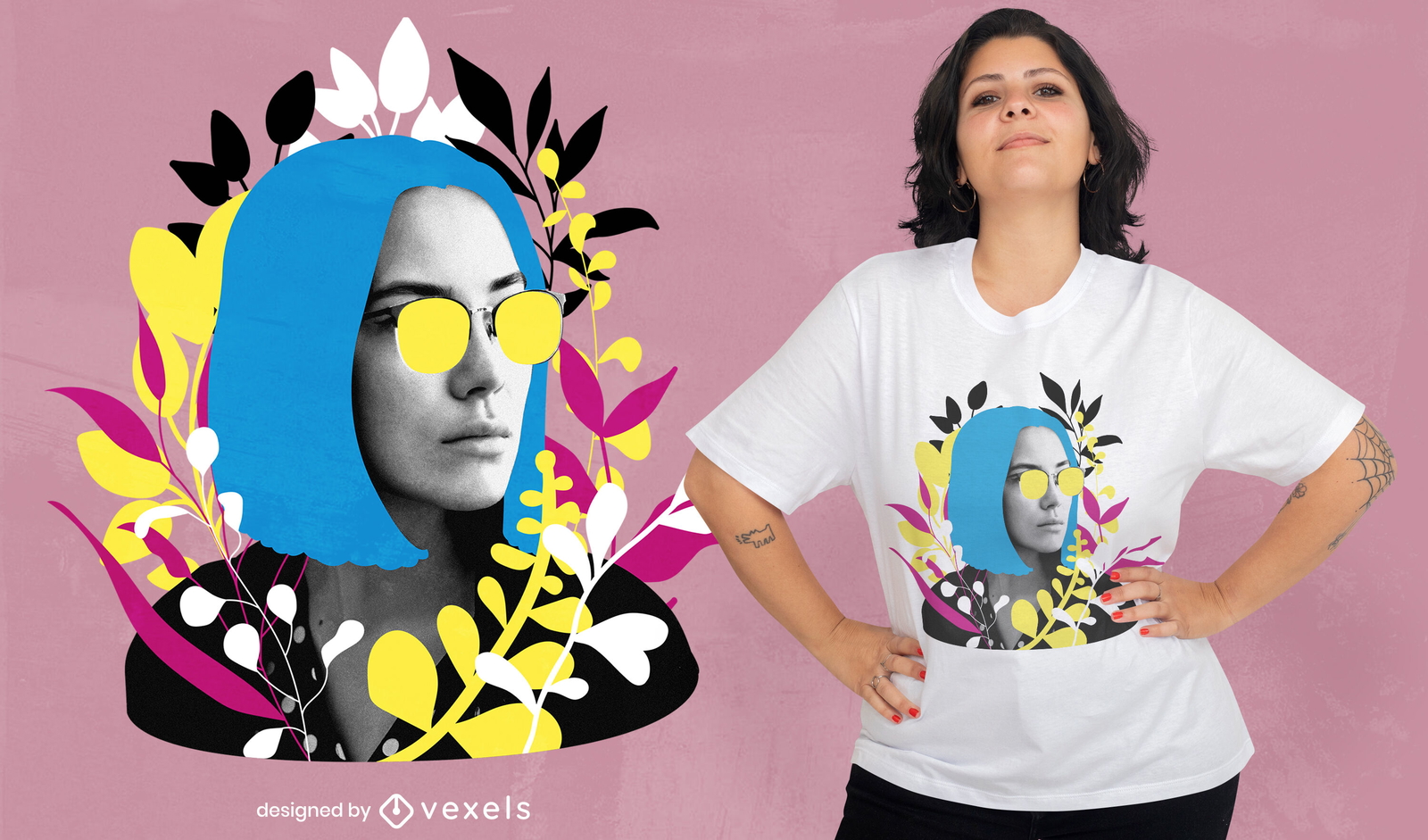 Garota floral usando óculos psd design de camiseta