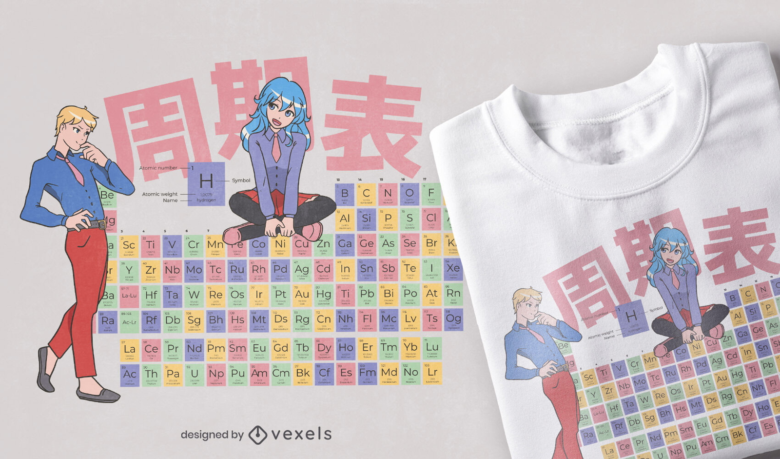 Diseño de camiseta de anime de tabla periódica.