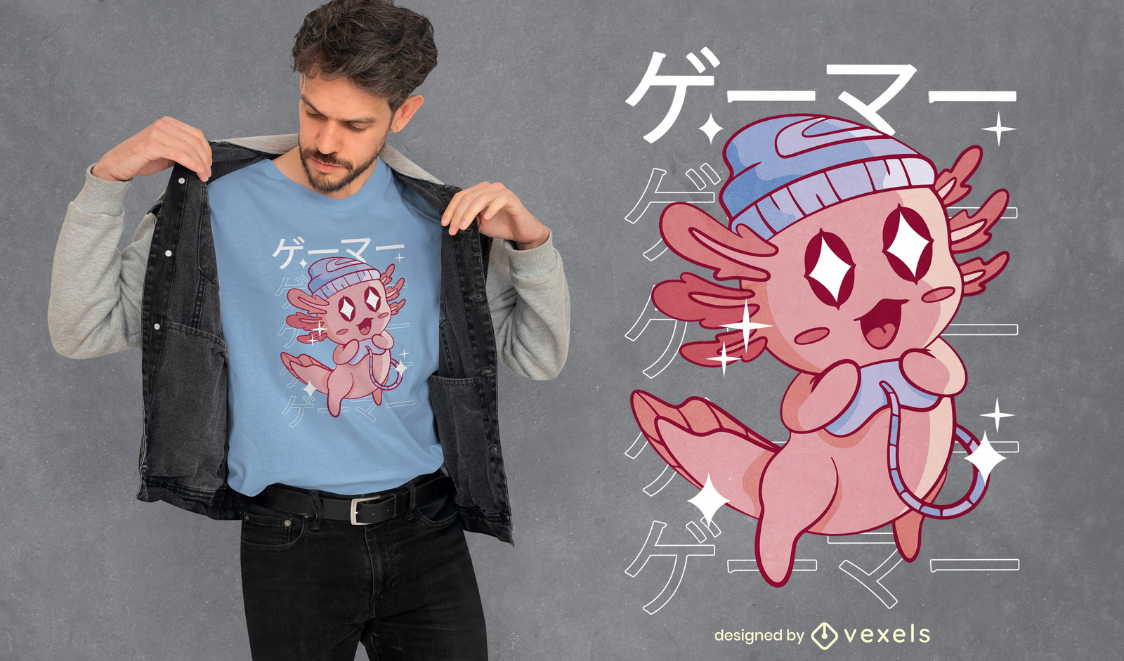 Diseño de camiseta kawaii feliz jugador axolotl