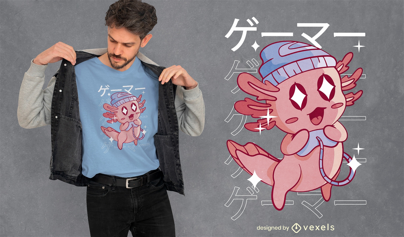 Gl?cklicher Axolotl-Gamer kawaii T-Shirt-Design