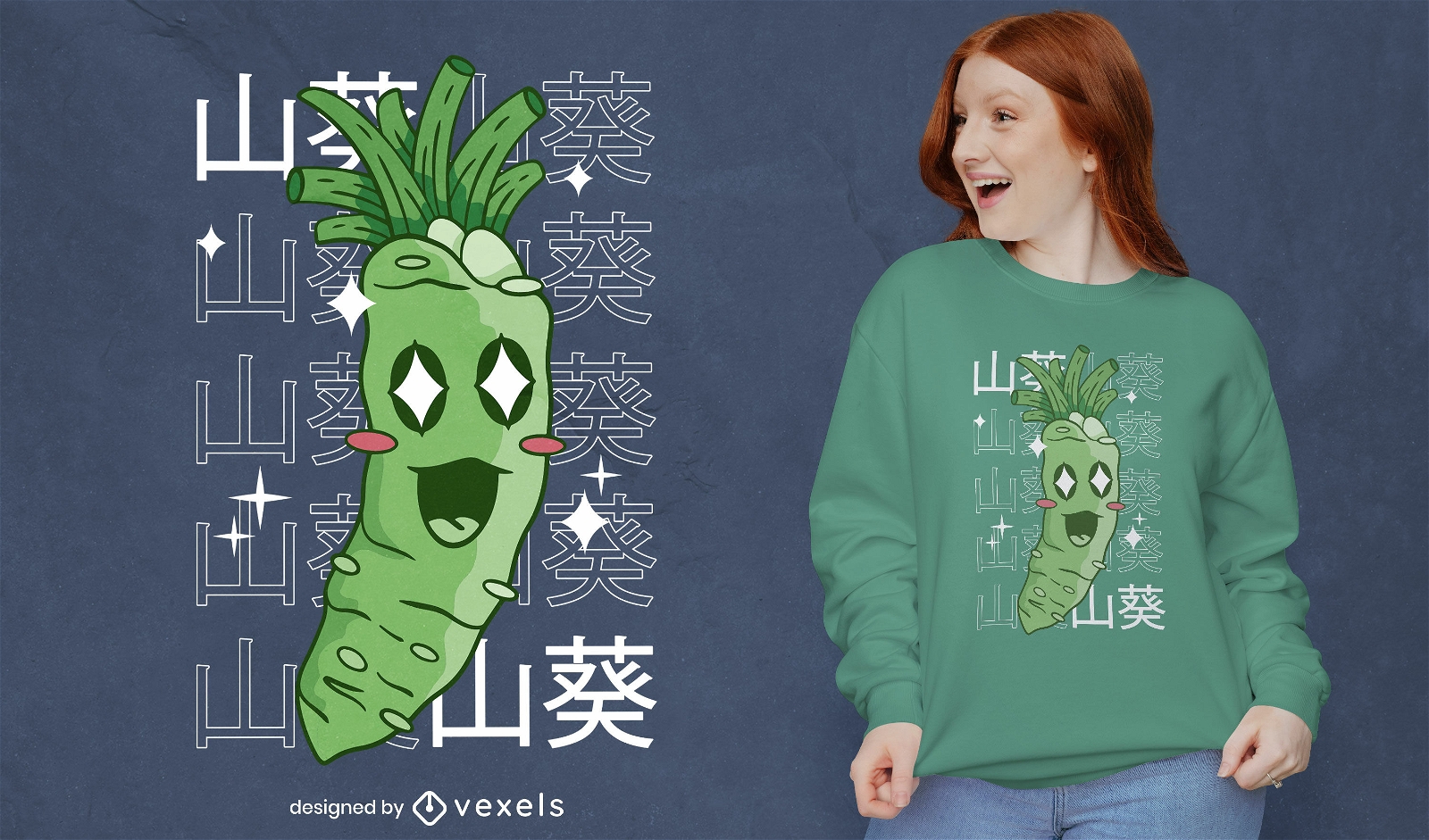 Diseño de camiseta kawaii de comida de raíz de wasabi