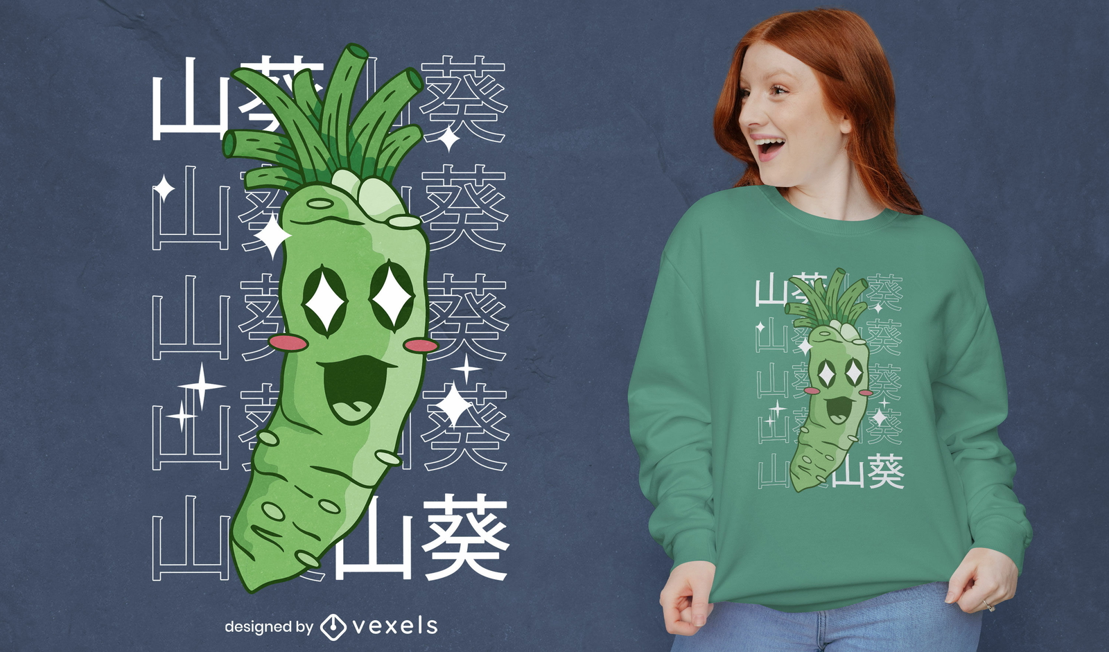 Diseño de camiseta kawaii de comida de raíz de wasabi