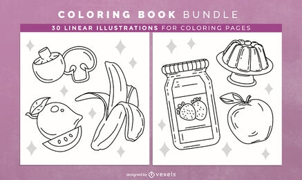 Páginas de design de livro para colorir de alimentos e frutas
