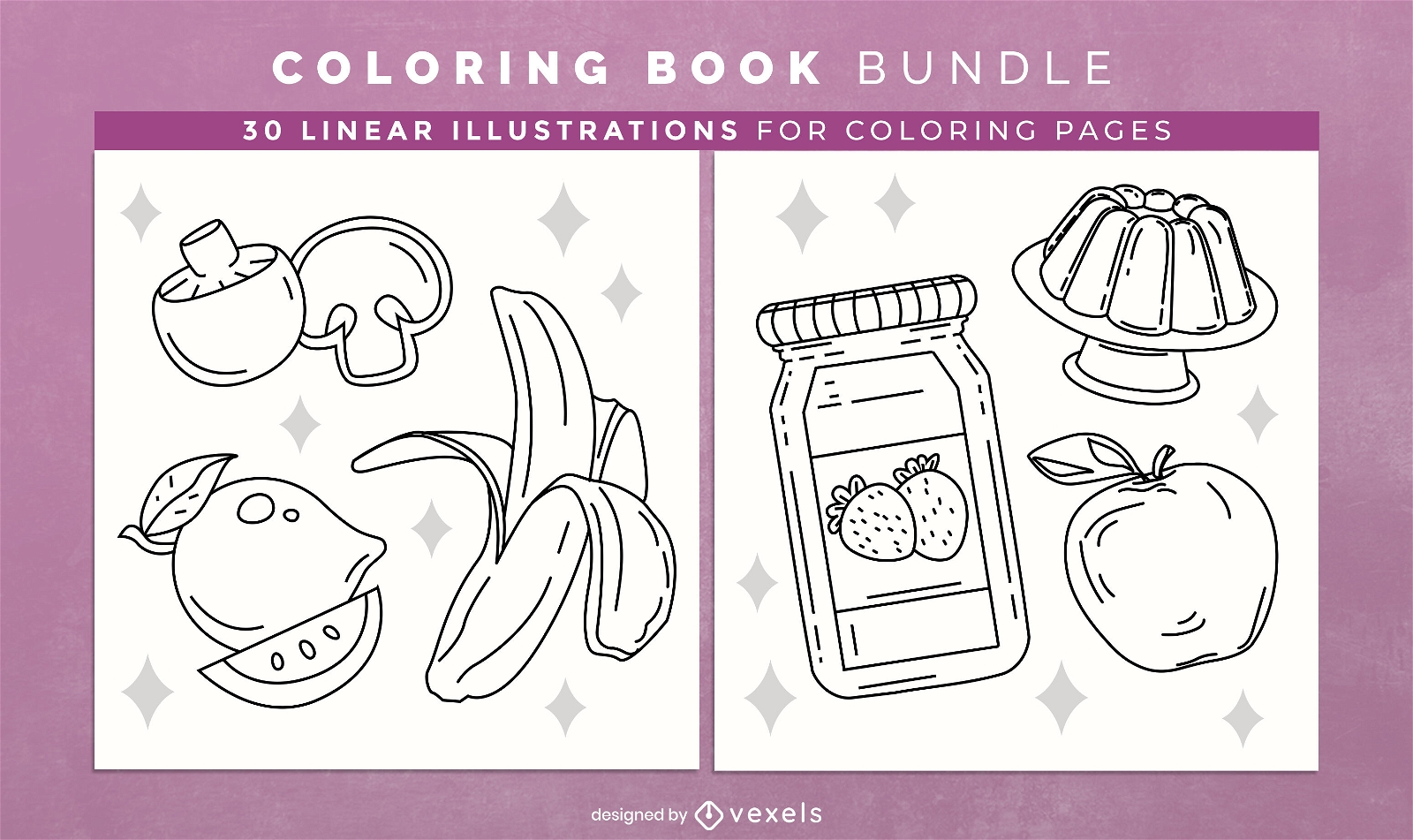 P?ginas de design de livro para colorir de alimentos e frutas