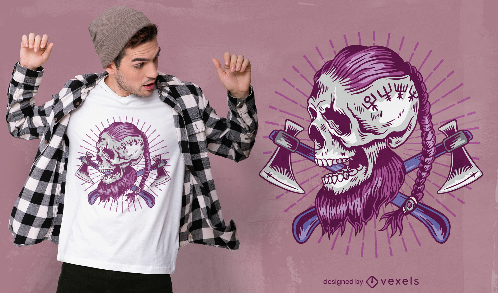 Diseño de camiseta de calavera vikinga con trenza