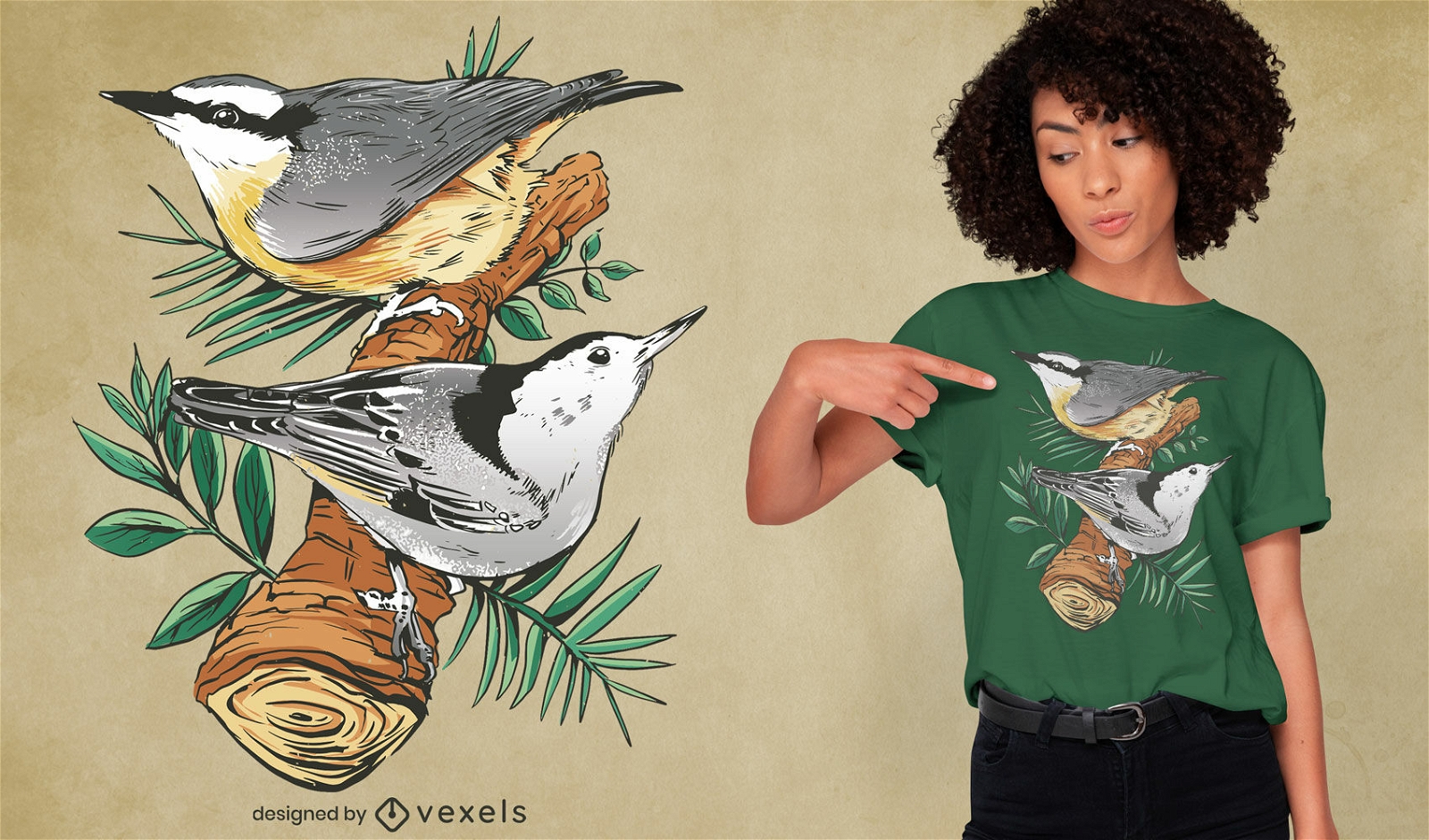 Animais de pássaros no design de camiseta de galho