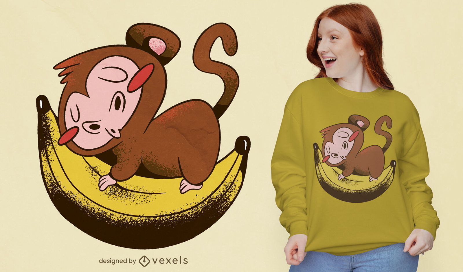 Affe, der auf Bananen-T-Shirt-Design schläft