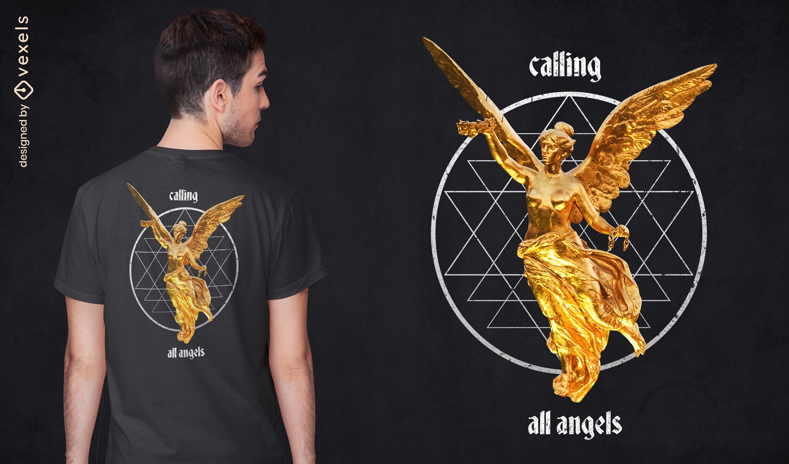 Camiseta voladora de la estatua del ángel dorado psd