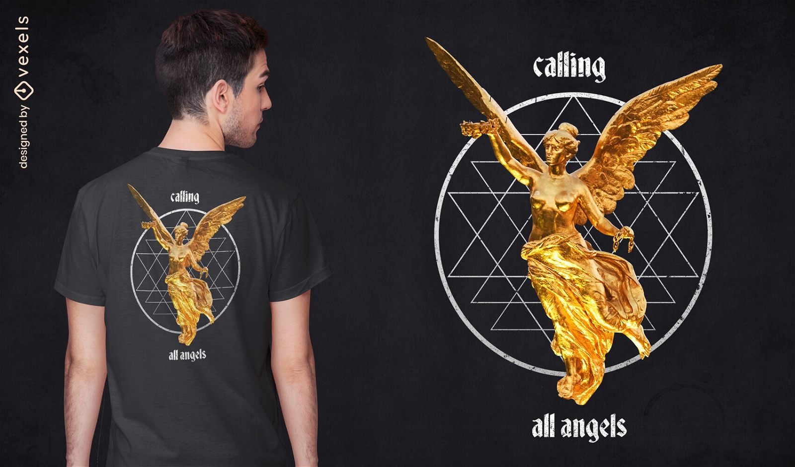 Camiseta voladora de la estatua del ángel dorado psd