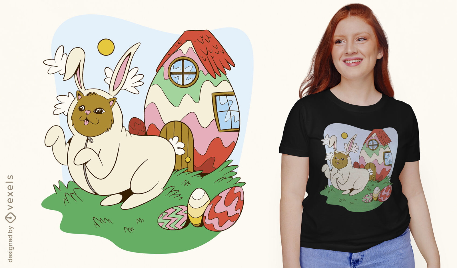 Diseño de camiseta de gato de Pascua con disfraz de conejito