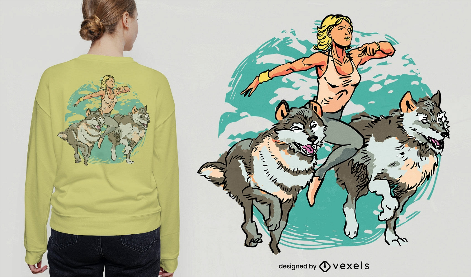 Mulher correndo com design de camiseta de lobos