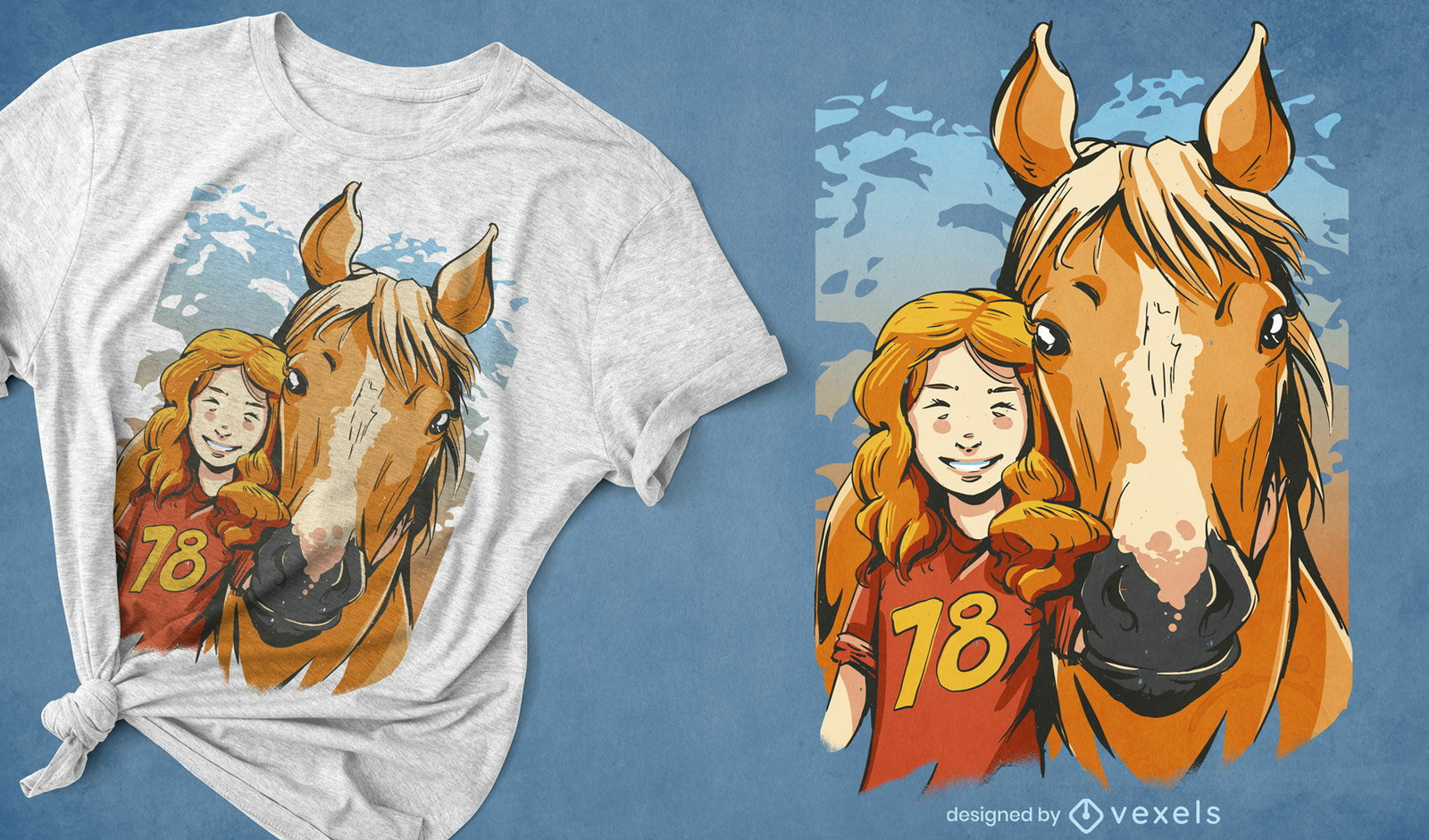 Diseño de camiseta de retrato de niña y caballo.