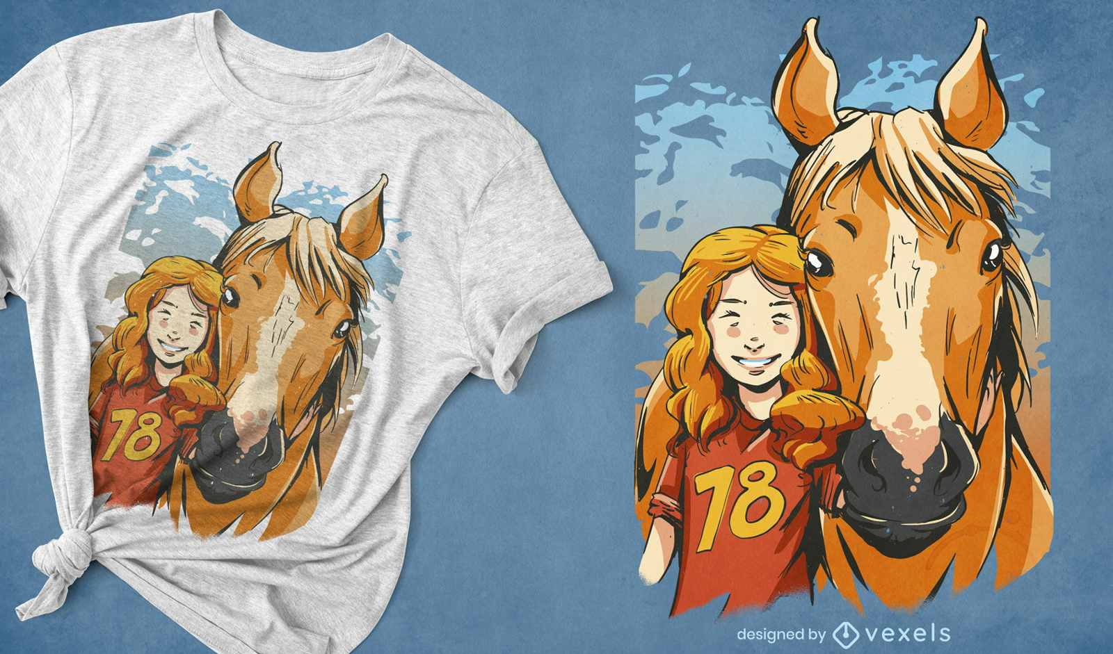 Mädchen- und Pferdeporträt-T-Shirt-Design