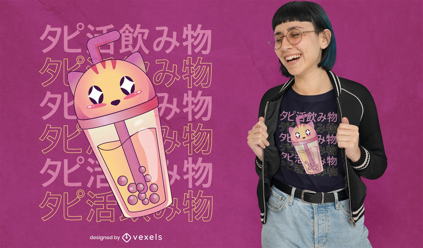 Design de camiseta de vidro de gato kawaii para chá de bolhas