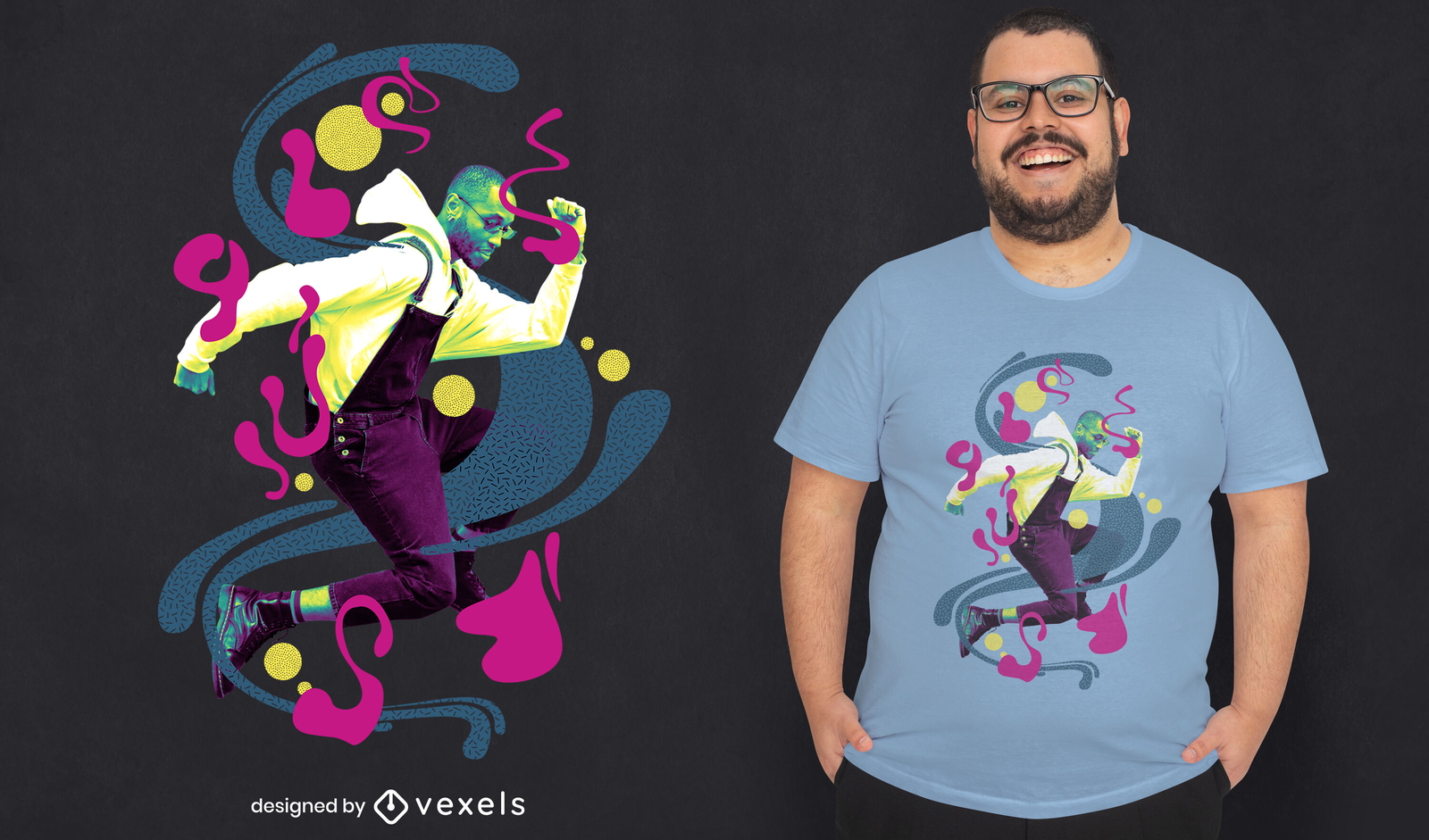 Homem dançando com t-shirt de rabiscos coloridos psd