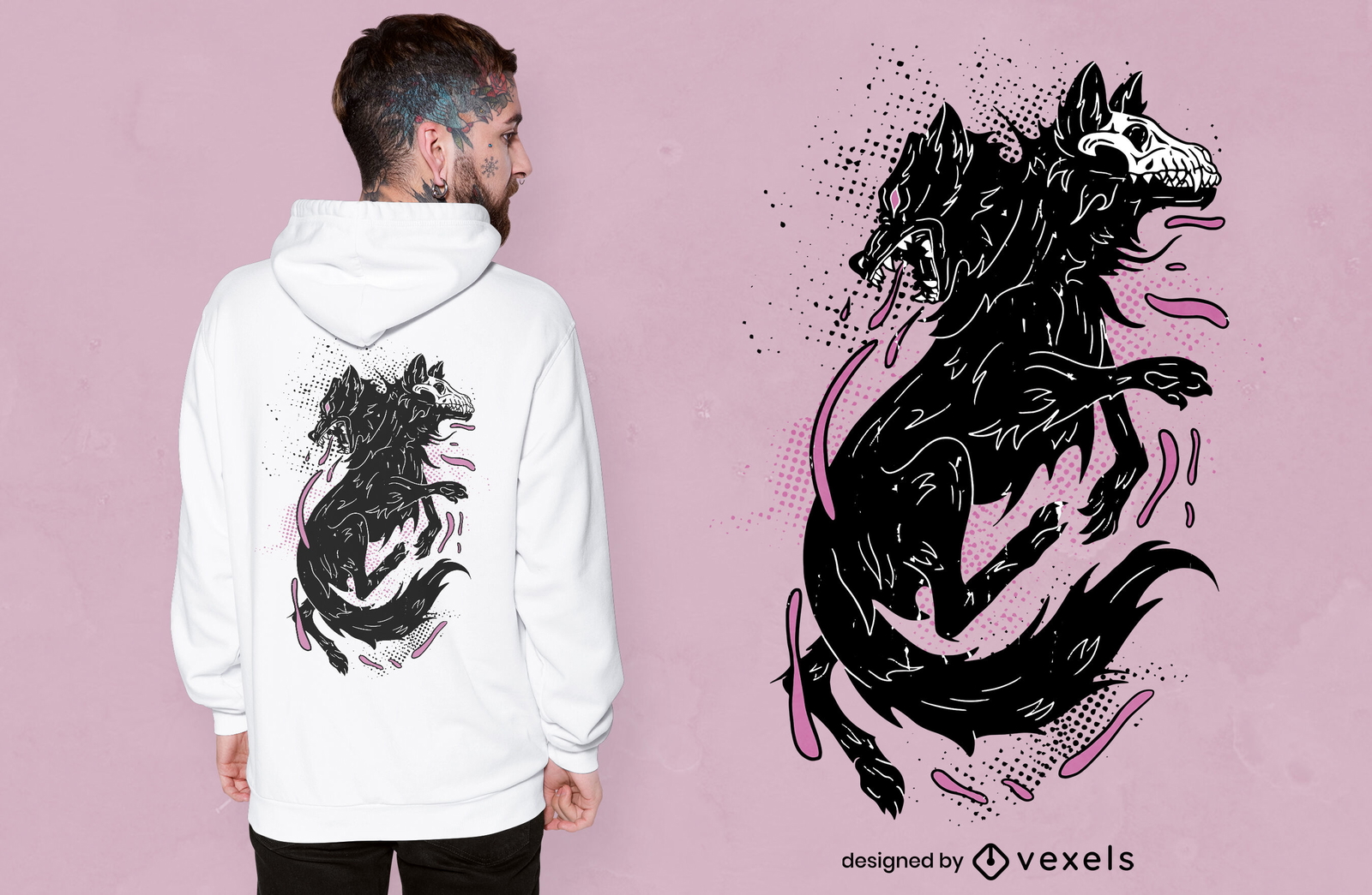 T-Shirt-Design mit zweiköpfigem Wolf