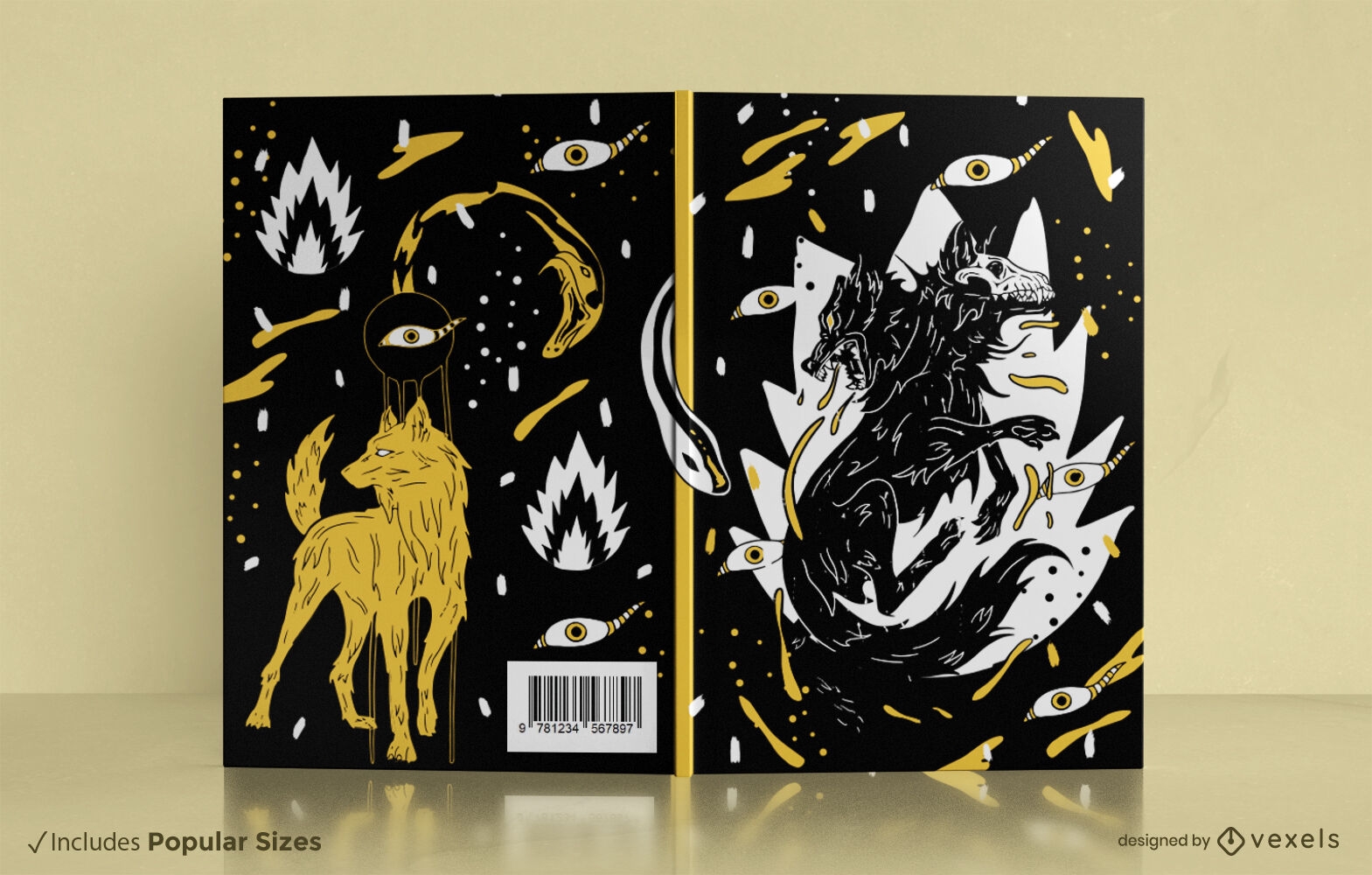 Diseño de portada de libro de lobo y serpiente