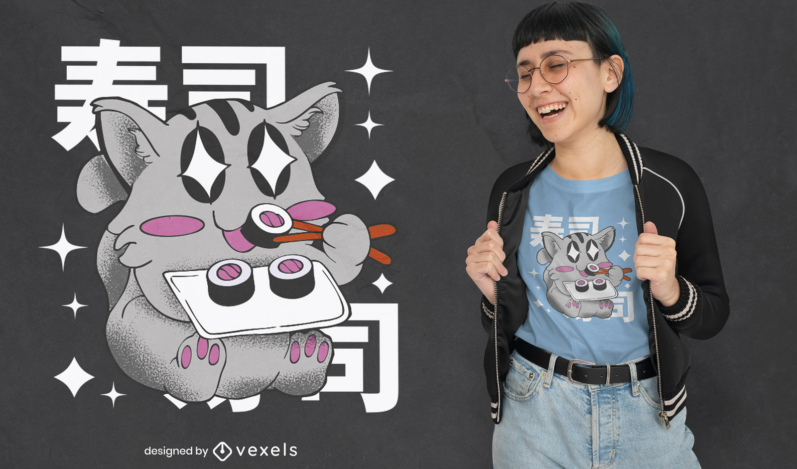 Diseño de camiseta japonesa de gato sushi.