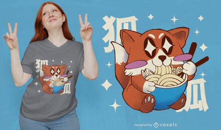 Design de camiseta de raposa de anime comendo ramen