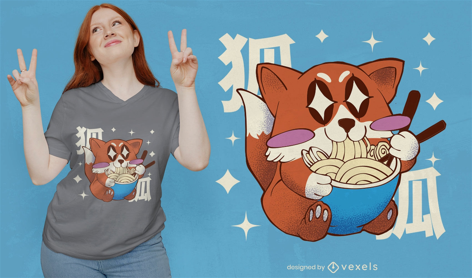 Diseño de camiseta de anime fox comiendo ramen