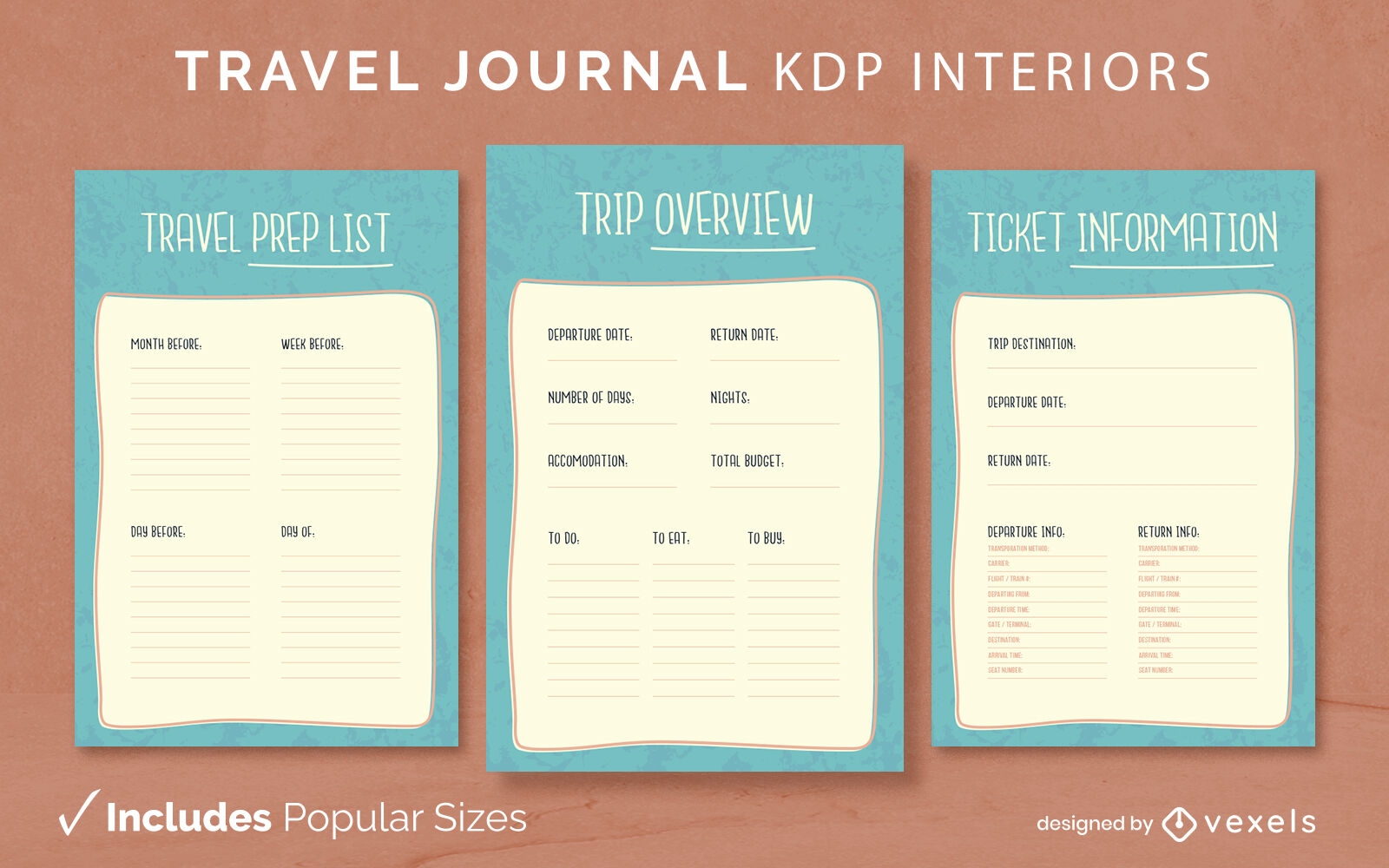 Doodle travel journal design template KDP