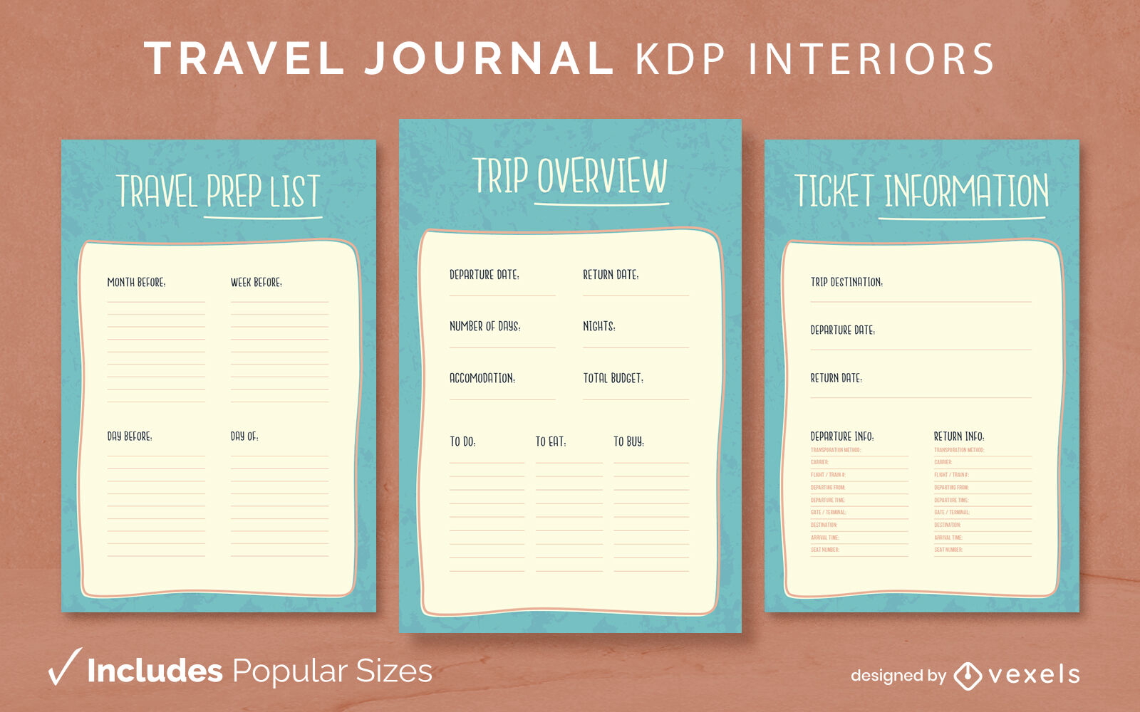 Plantilla de diseño de diario de viaje de garabato KDP