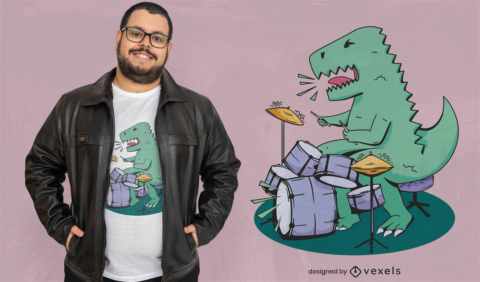 Design de camiseta de dinossauro T-rex tocando bateria