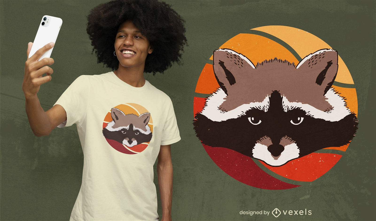 Diseño de camiseta de puesta de sol retro animal mapache