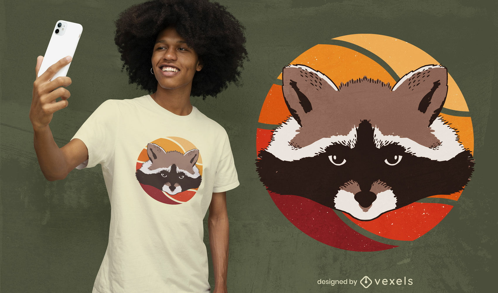 Waschbär-Tier-Retro-Sonnenuntergang-T-Shirt-Design