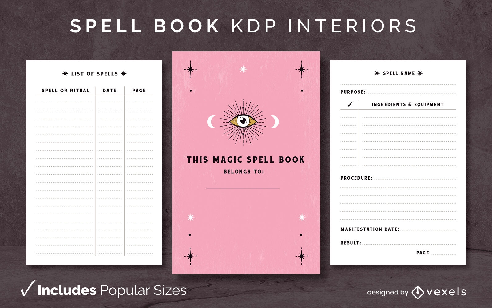 Design de modelo de interior do livro de feitiços mágicos KDP